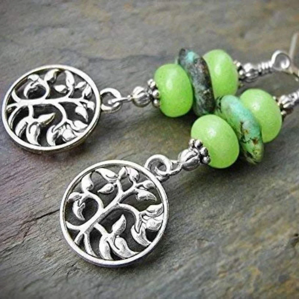 Tree Of Life Earrings Green Quartz 925 Sterling Silver